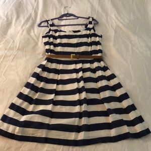 Navy blue and white striped sundress.
